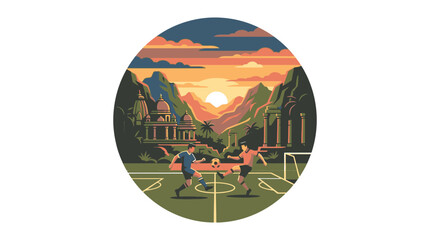 Football pitch near ancient ruins at mountain sunset. © 602