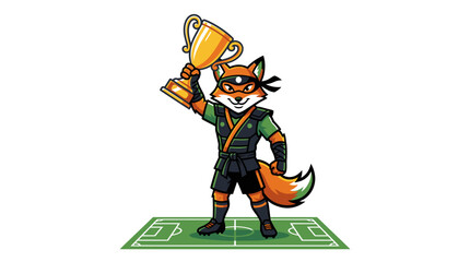 Fox ninja soccer player holding a golden trophy. © 602