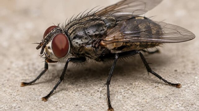 Close up of a housefly insect on a surface, pest control, entomology and hygiene concept.