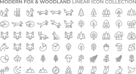 Obraz premium Modern Fox, Woodland, Linear Icon Collection, 40 Line Art Symbols