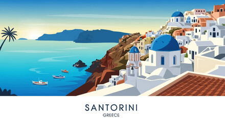Naklejka premium Idyllic Santorini, Greece: White-washed buildings with blue domes cascade down a cliffside overlooking the Aegean Sea at sunset, with boats dotting the water.