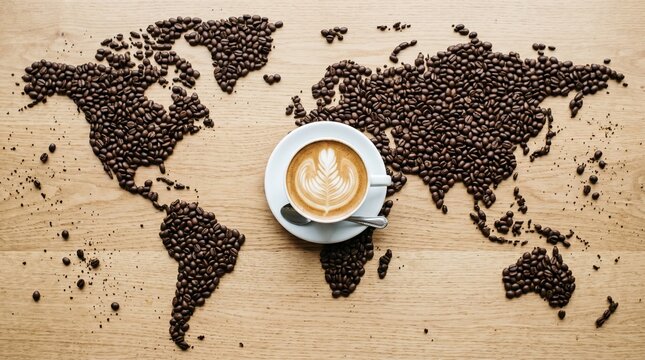 A steaming cup of coffee sits on a saucer, placed on a wooden table shaped like the world map made from coffee beans.