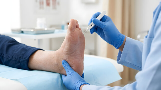 Doctor testing diabetic patient foot sensation with monofilament