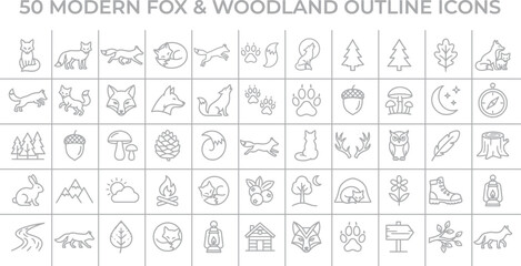 50 Modern Fox, Woodland, Outline Icons, Vector Graphics © Nusrath