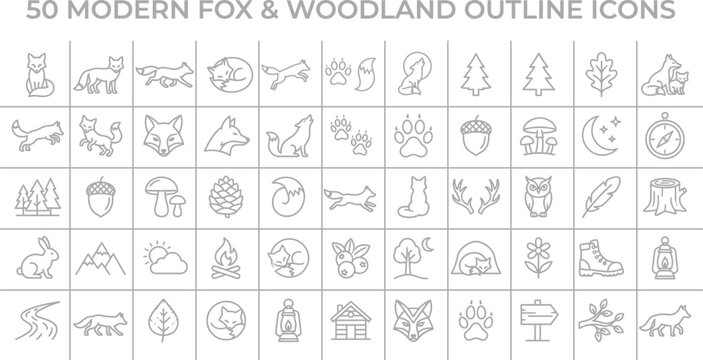 50 Modern Fox, Woodland, Outline Icons, Vector Graphics