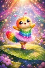 Naklejka premium Cute rainbow fantasy creature dancing on leaf with sparkles and magic fairy lights background scene