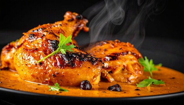 Glazed chicken. Savory authentic poulet r&ocirc;ti roasted chicken covered in a delicious sweet sticky glaze and fresh herbs.