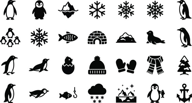 Winter icons, black silhouette symbols, cold weather graphics, 25 penguin snowflake illustrations