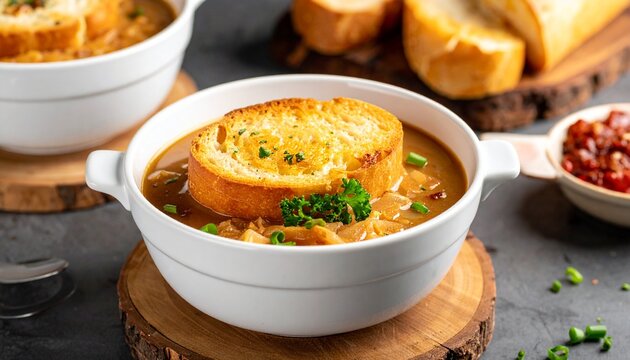 Steaming hot potage. Comforting bowl of traditional french soupe a l'oignon featuring savory broth and melted cheese on toast.