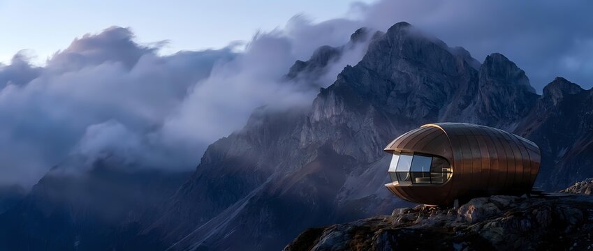 Futuristic copper pod cabin perched on rocky mountain peak surrounded by dramatic misty peaks and moody blue sky, ideal for travel and adventure concepts.