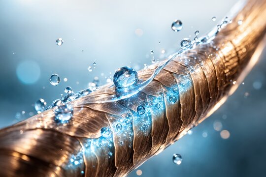 Macro view of hydrated hair strand with water droplets showing deep repair shine and moisture care