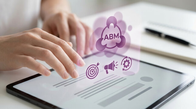 Business Professional Using Digital Tablet for Account Based Marketing ABM Strategy and Targeted B2B Sales Campaigns in Modern Office Setting.