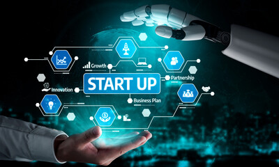 Obraz premium Visual representation of a business strategy showcasing the collaboration between human and robotic elements, emphasizing innovation and growth for start-ups. Tessel