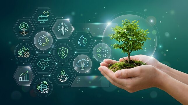 Hand holding green plant with ESG and carbon reduction icons