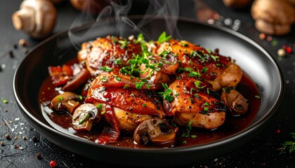 Fototapeta premium Rustic chicken casserole. Hearty traditional coq au vin simmering in a skillet with fresh herbs dark gravy and roasted mushrooms.