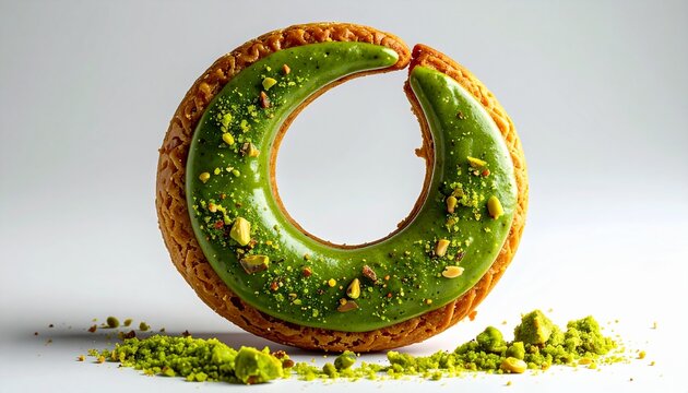 Pistachio pastry ring. Authentic french paris-brest filled with rich green nut cream and sprinkled with crushed pistachios.