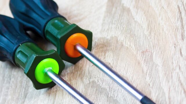 Hand screwdrivers for removing screws and bolts. Screwdriver tools on the table,animation