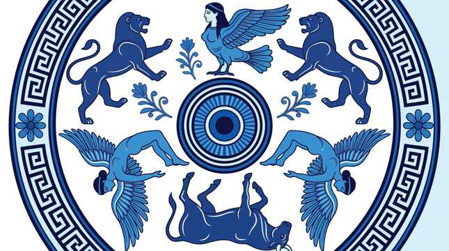 Detailed vector illustration of ancient greek motifs featuring winged sphinxes and lions in blue tones