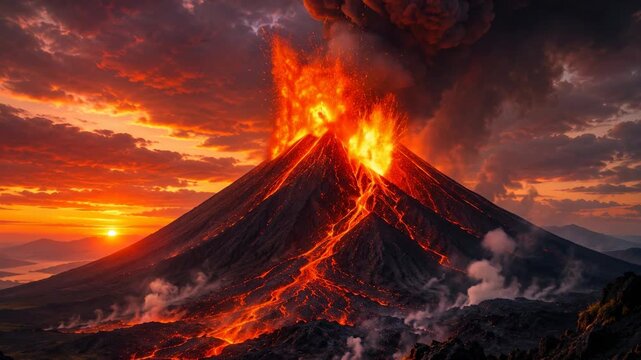 Volcanic eruption with flowing lava and ash plume at sunset, natural disaster, geology and powerful earth forces concept.