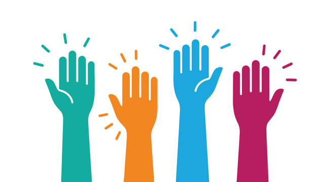 Colorful flat vector illustration featuring four raised hands representing unity diversity and global community participation