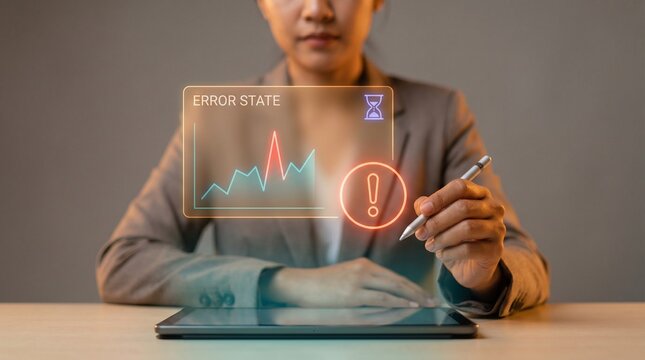 System Warning Alert Triangle Shown in Error State on Tablet to Diagnose Faults, Track Performance, Measure Anomalies, and Record Downtime