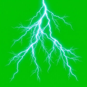 Powerful White Lightning Bolt with Branching Thunder on Green Screen Background