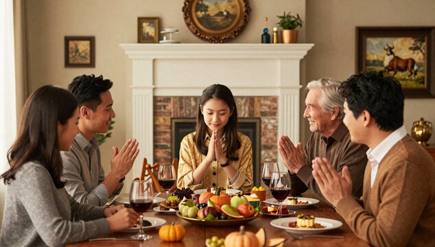 Multi-generational family praying at a dining table full of fall harvest food for Thanksgiving dinner