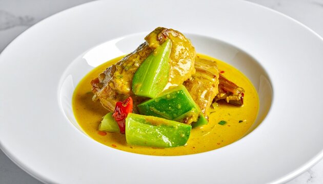Spicy yellow chicken curry bowl. Flavorful thai kaeng kari rich yellow gravy filled with tender meat and crunchy green pods on a dish.