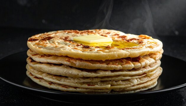 Stack of hot Indian paratha bread. Golden layered flatbread with melting butter on top, captured in a close-up rustic setting.