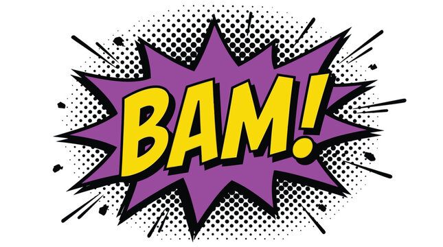 Vibrant purple and yellow vector comic book explosion graphic featuring the bold text bam exclamation