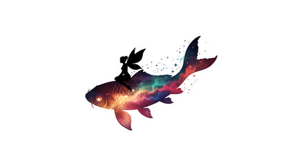 Fototapeta premium Fantasy fairy silhouette riding a cosmic koi fish, magical nebula galaxy fish art on white background, ethereal celestial creature illustration