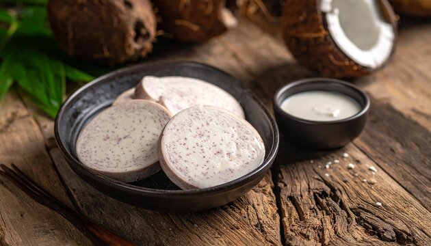 Boiled sliced taro root on plate. Authentic Hawaiian Kalo root serving as a healthy organic carbohydrate with rich coconut milk dip.
