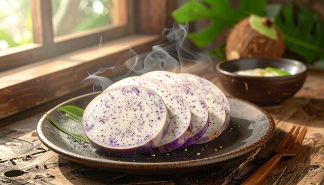Steamed purple taro root slices. Authentic Hawaiian Kalo root freshly boiled and sliced, emitting warm steam in a rustic setting.