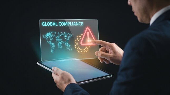ISO Global Compliance Certification Graphic on Tablet to Flag Risks, Map Worldwide Issues, Monitor Alerts, and Manage Regulatory Violations, Focusing on Risk Control, Compliance Management