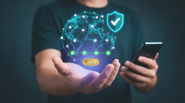 ISO Global Compliance Certification Graphic Floating in Hand to Shield Networks, Verify Worldwide Data, Confirm Integrity, and Secure Connections, Focusing on Protection, International Standards