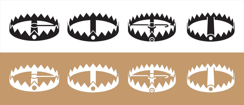 Set of metal bear traps icons in black and white silhouettes on isolated background.