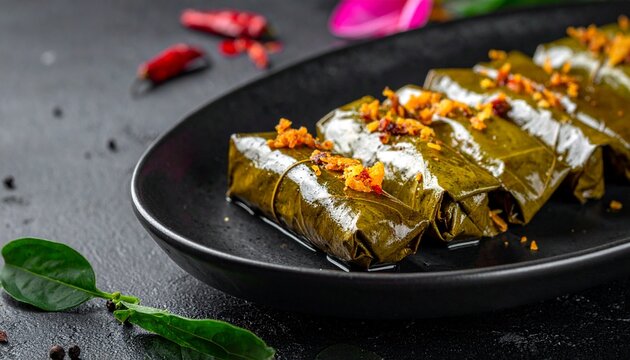 Stuffed vine leaves with crispy garlic. Authentic Middle Eastern Warak Enab expertly rolled and garnished with savory fried garlic and spices on a dark plate for a gourmet appetizer.