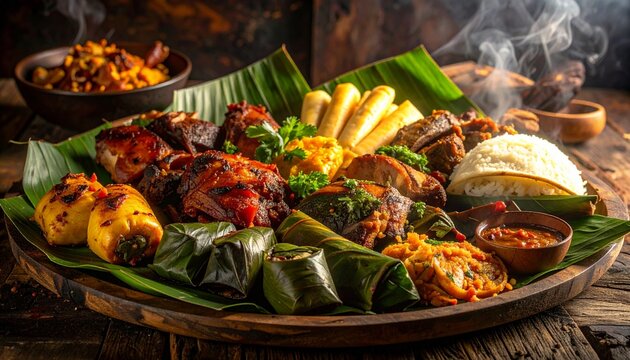 Tropical barbecue platter on banana leaves. Festive Filipino Boodle Fight featuring perfectly grilled meats, traditional wrapped rice, and savory sides over a warm fire background.