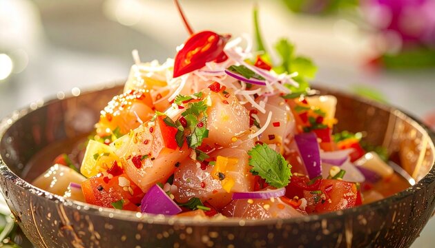 Spicy raw fish appetizer with citrus juice. Traditional Peruvian Ceviche expertly mixed with fresh chili, red onions, and cilantro, offering a vibrant and healthy gourmet dish