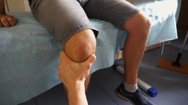 Professional physical therapist performing knee manipulation technique on patient, demonstrating gradual progression of treatment with focused hand movements and attentive posture in clinical setting