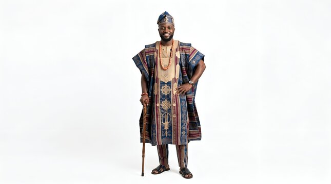 Smiling Nigerian man wearing traditional agbada attire standing on white