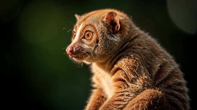 Detailed side profile of a cute slow loris primate staring into the distance