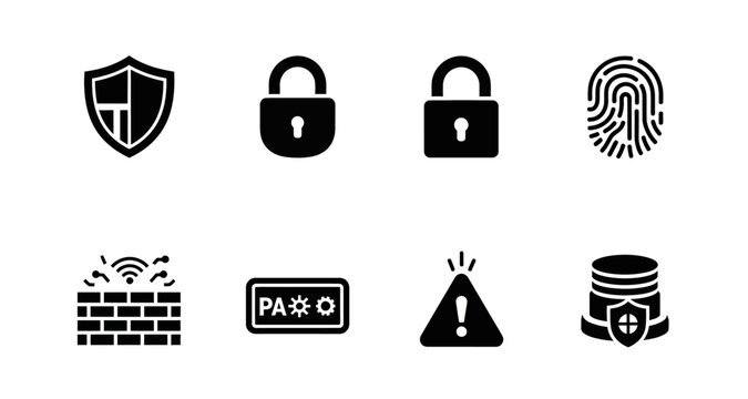 Security icons set shield padlock fingerprint silhouette on transparent background