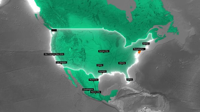 North America soccer tournament host cities 3D map animation highlighting USA, Canada, and Mexico