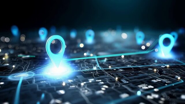 Futuristic GPS Navigation Map With Blue Location Markers, Smart City Route Planning And Digital Geolocation Technology, Night Urban Mobility interactive, user interface, travel planning GPS map