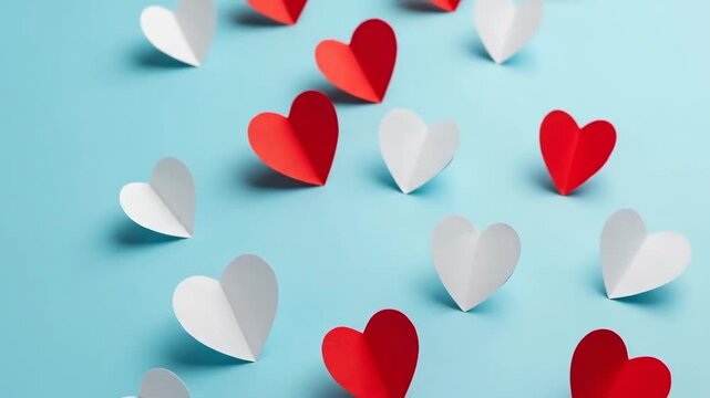 Red and white paper hearts scattered across a soft light blue background
