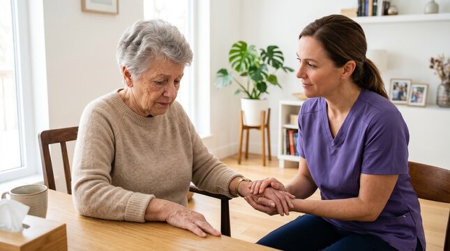 Woman nurse holding hand of sad senior woman. Caregiver comforting elderly patient with memory loss. Mental health support, dementia treatment and professional home healthcare assistance.