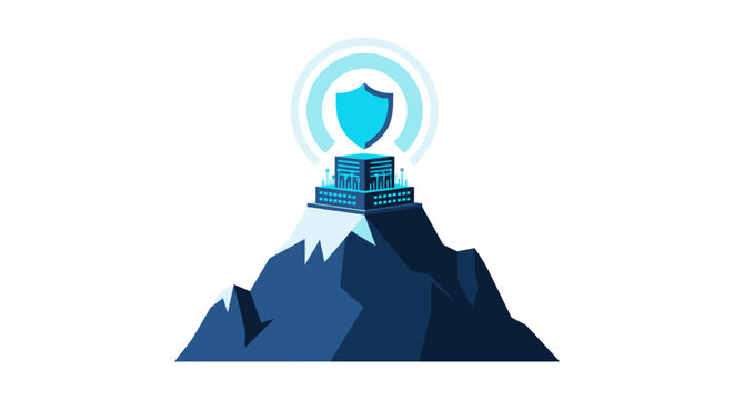 Cyber Security and Secure Cloud Hosting Concept: Data Center Protected by a Shield at the Top of a Mountain Peak