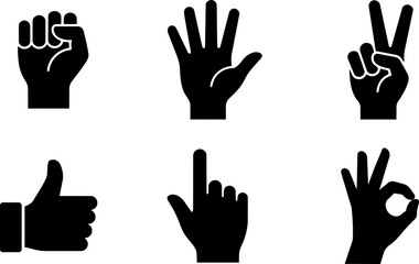Obraz premium Set of black silhouette vector graphic icons showing various human hand gestures and finger signs