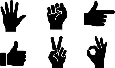 Obraz premium Black silhouette vector illustration set showing various hand gestures and common human communication sign signals